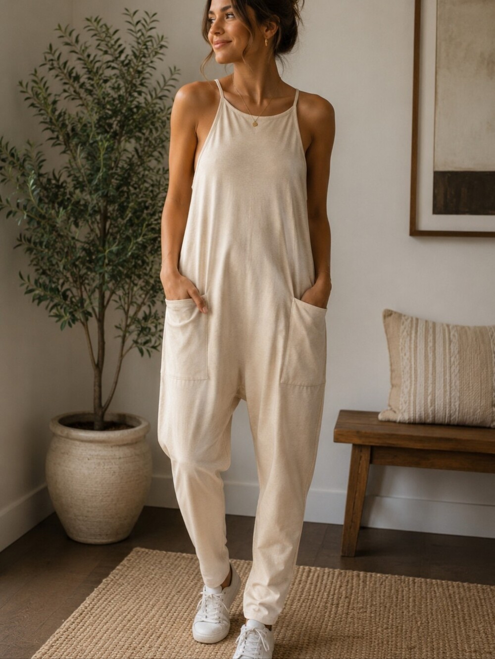 Neutral Cream Relaxed Pocket Jumpsuit